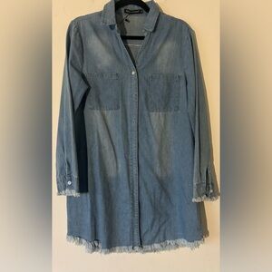 NWT Denim Button-Up Shirt Dress with Frayed Edges